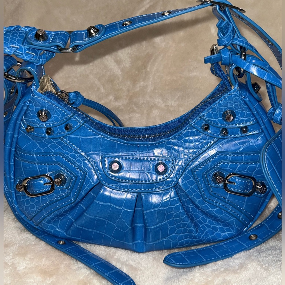 Y2K Rave Electric Blue Studded Croc Shoulder Bag Attached Heart Mirror & Wallet